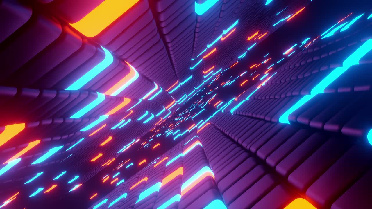 Flight in to neon lights cyber futuristic virtual reality tunnel motion graphics animation. 4K 3D seamless loop future technology design VJ motion graphics for music video or high tech background.