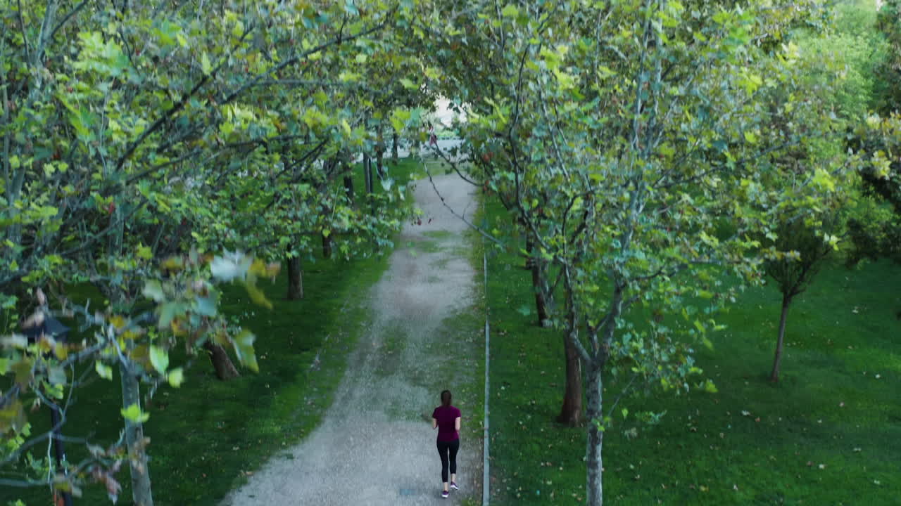 공원에서 카메라로부터 도망치는 여성의 공중 샷을 돌리