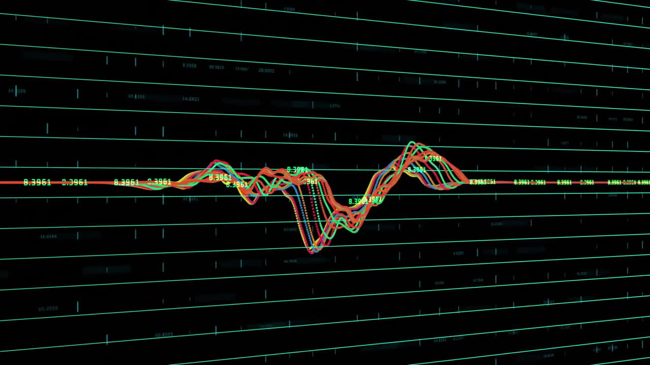 어두운 배경에서 그리드 상에서 금융 데이터 처리의 애니메이션