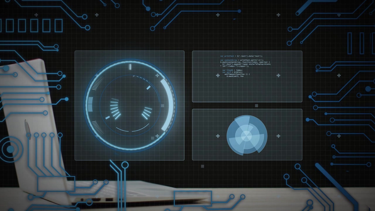 Three-panel HUD animating after laptop wake signal, rotating radar and morphing donut to show data