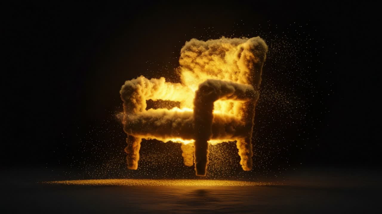 A Stunning Visualization of a Floating Chair Made of Golden Clouds Radiating Light in a Darkened Space, Capturing the Essence of Dreamy Comfort and Imagination
