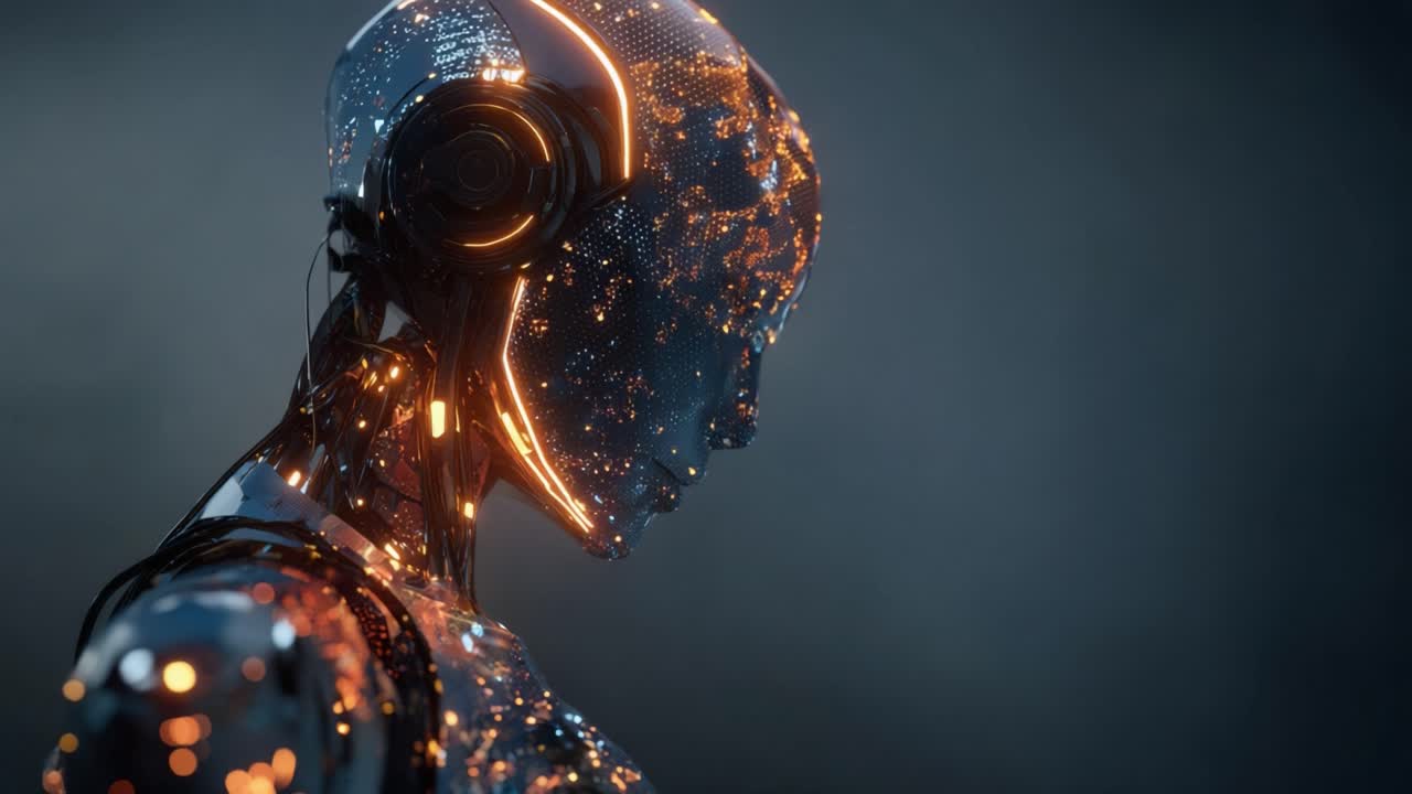 Profile of an advanced female humanoid robot with a glowing artificial intelligence neural network processing data, representing the future of technology, robotics, and machine learning