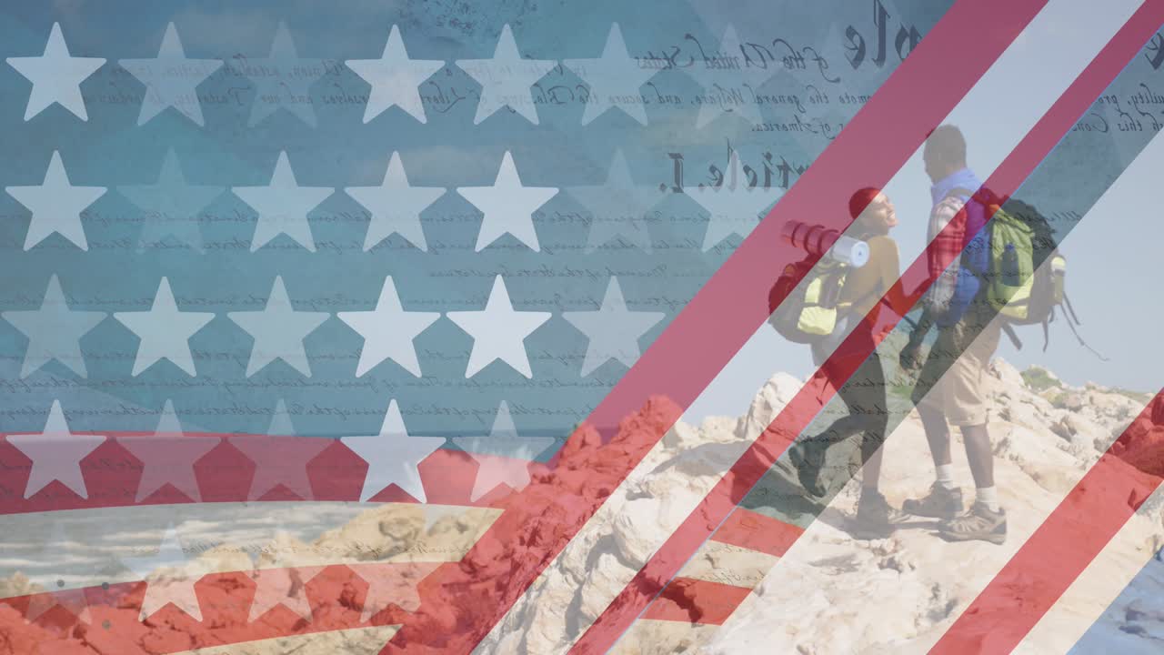 줄무 ⁇ 와 별의 애니메이션이 커플 하이킹을 이동하고 있습니다.