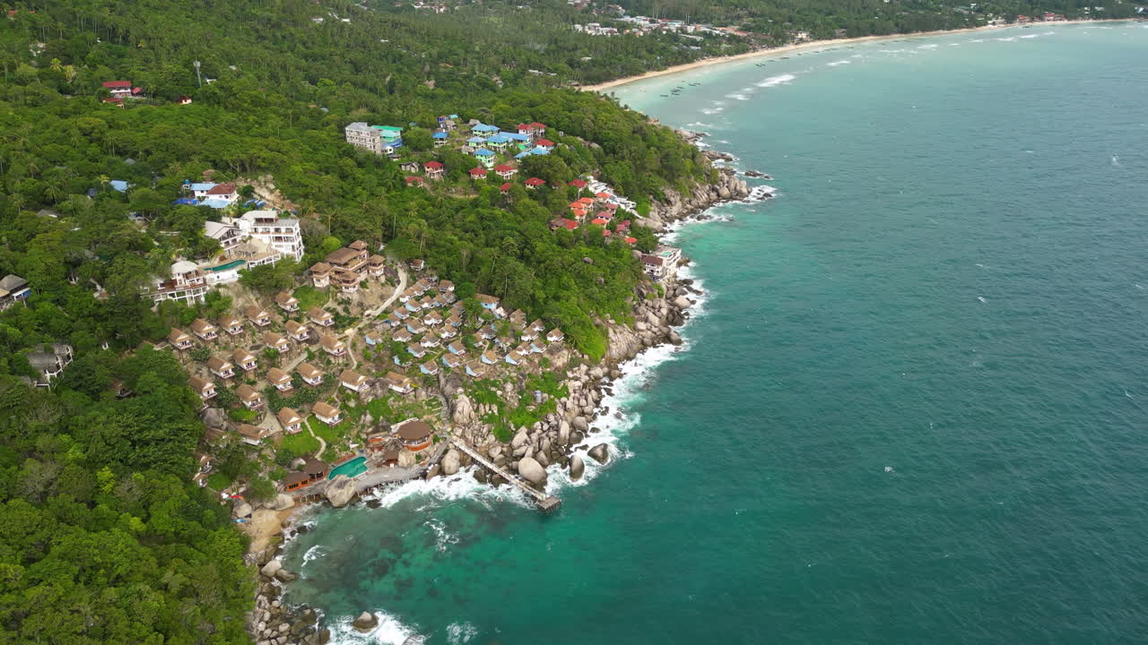 South of Koh Tao Island coastline, Hillside luxury resort at seashore, Thailand, Aerial View