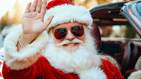 a man dressed as santa claus waving from a red convertible car