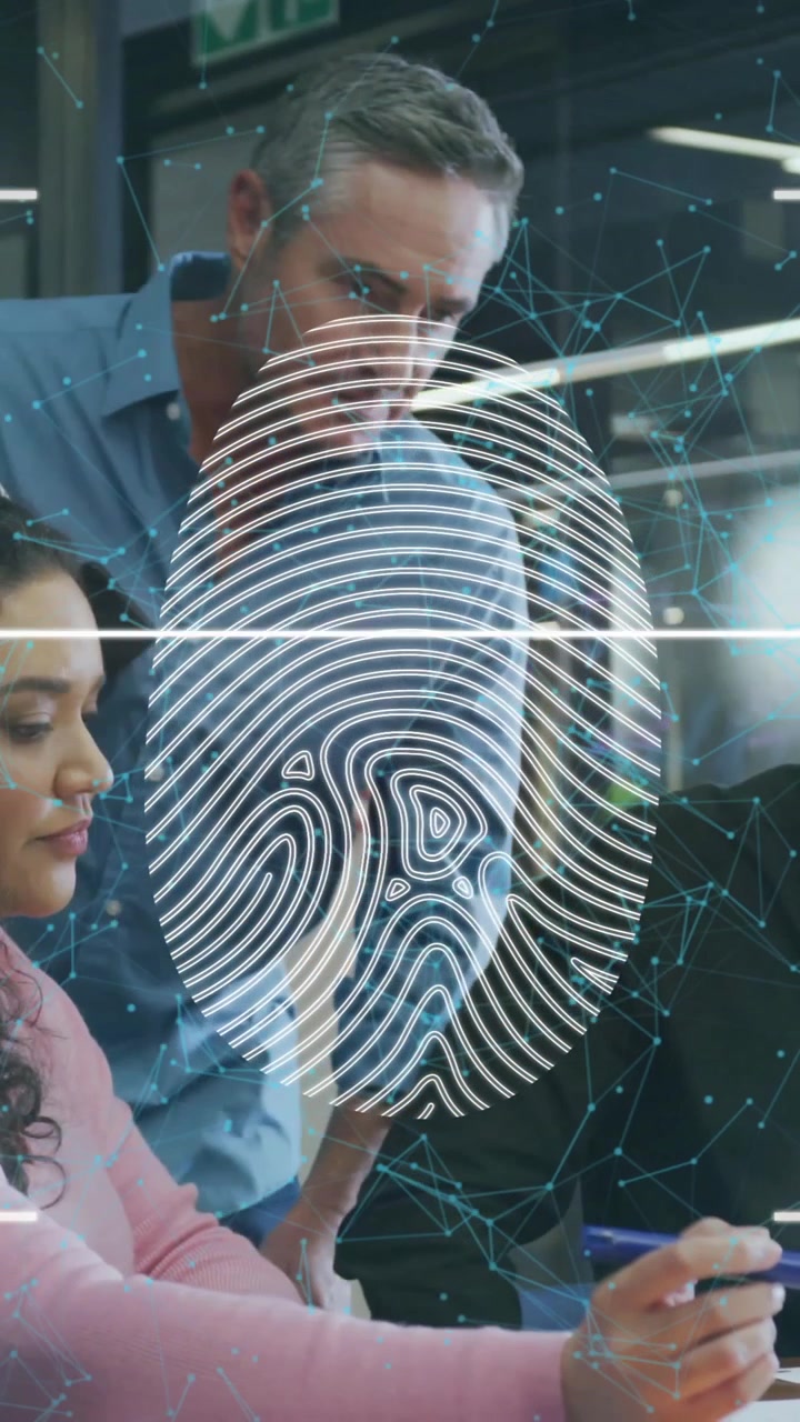 Animation of biometric fingerprint data processing over diverse business people in office