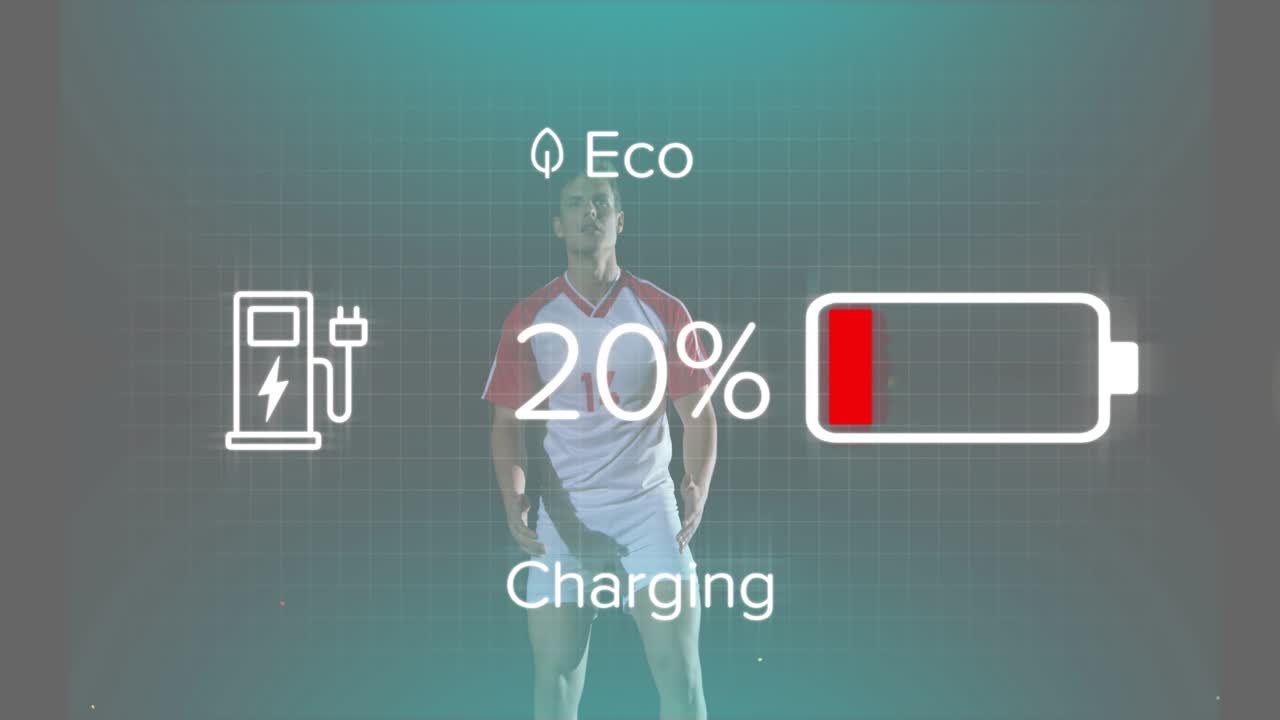Adult male soccer player Eco charging bar from 9% to 100% sports technology executing volley kick