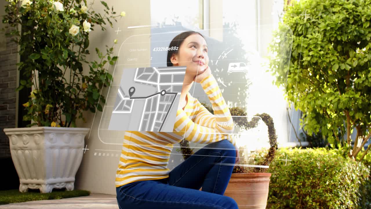 Woman descending porch steps, causing navigation UI with pin and TRACK to appear, sitting, gazing