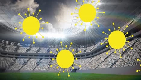 animación de las celdas de covid-19 sobre el estadio deportivo
