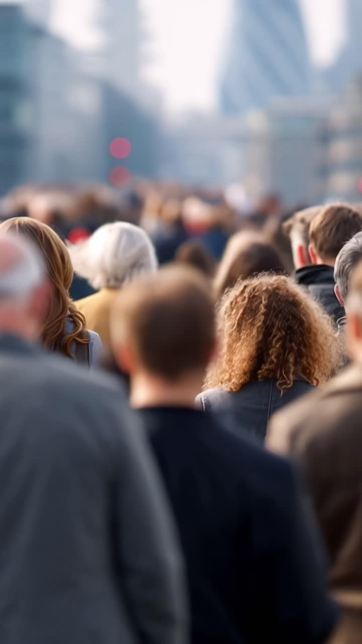 Una folla di persone che si muove per una strada cittadina, catturando la diversità e l'energia della vita urbana con individui in abiti e acconciature distintive.