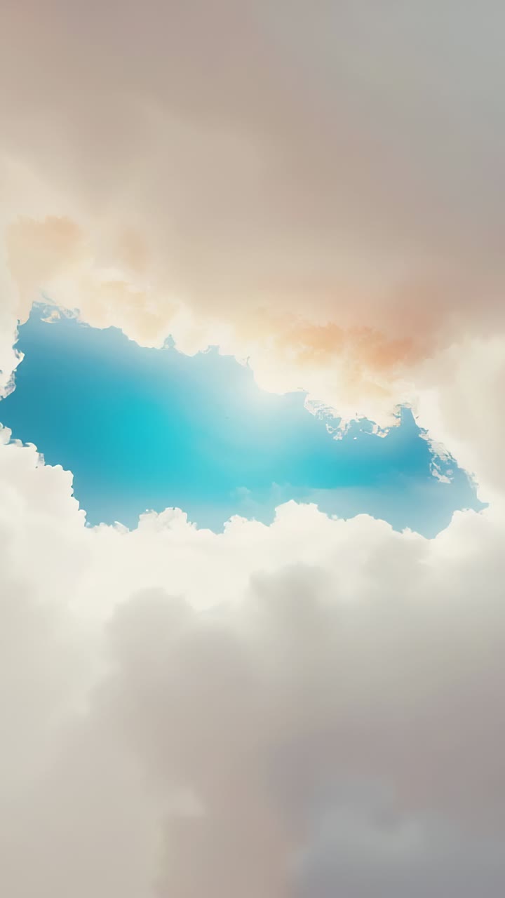 Vertical video: Opening central cloud gap glowing over open sky as breeze shifts clouds, sunlit rim