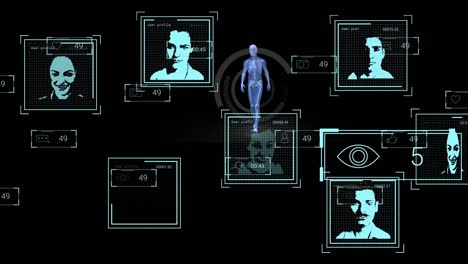animación de procesamiento de datos y iconos de personas sobre el esqueleto caminando