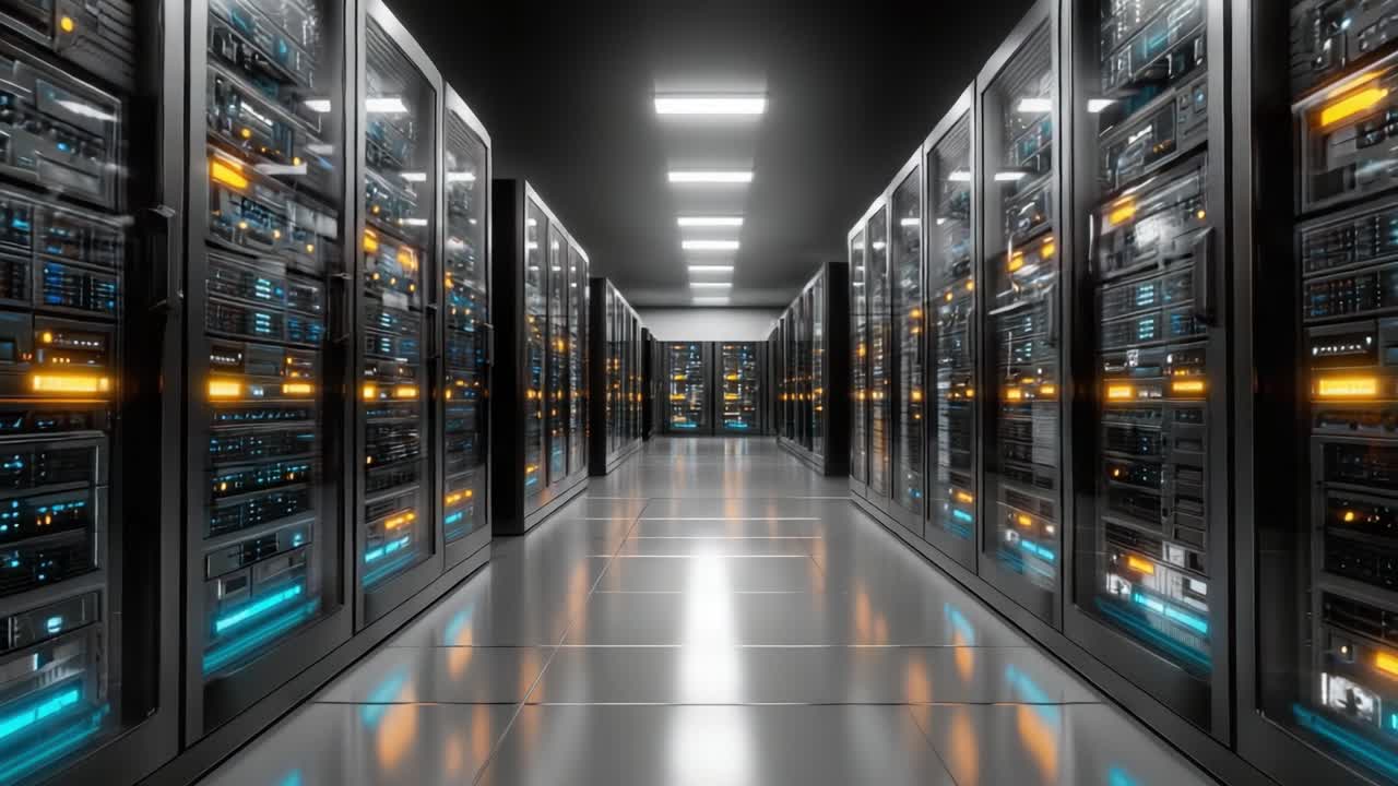 Et kig ind i et moderne datacenter: Rækker af højteknologiske serverracks oplyst i et futuristisk miljø med kølig belysning og avanceret teknologi