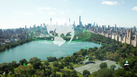 Aerial-panoramic-footage-of-Central-park-and-surrounding-urban-boroughs.-Visual-effects-with-augmented-reality-marks-and-rotating-word-globe-in-middle.-Manhattan,-New-York-City,-USA