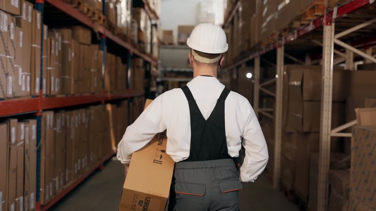 un joven apuesto con uniforme de trabajo con un casco en la cabeza bailando con una caja de cartón en el almacén