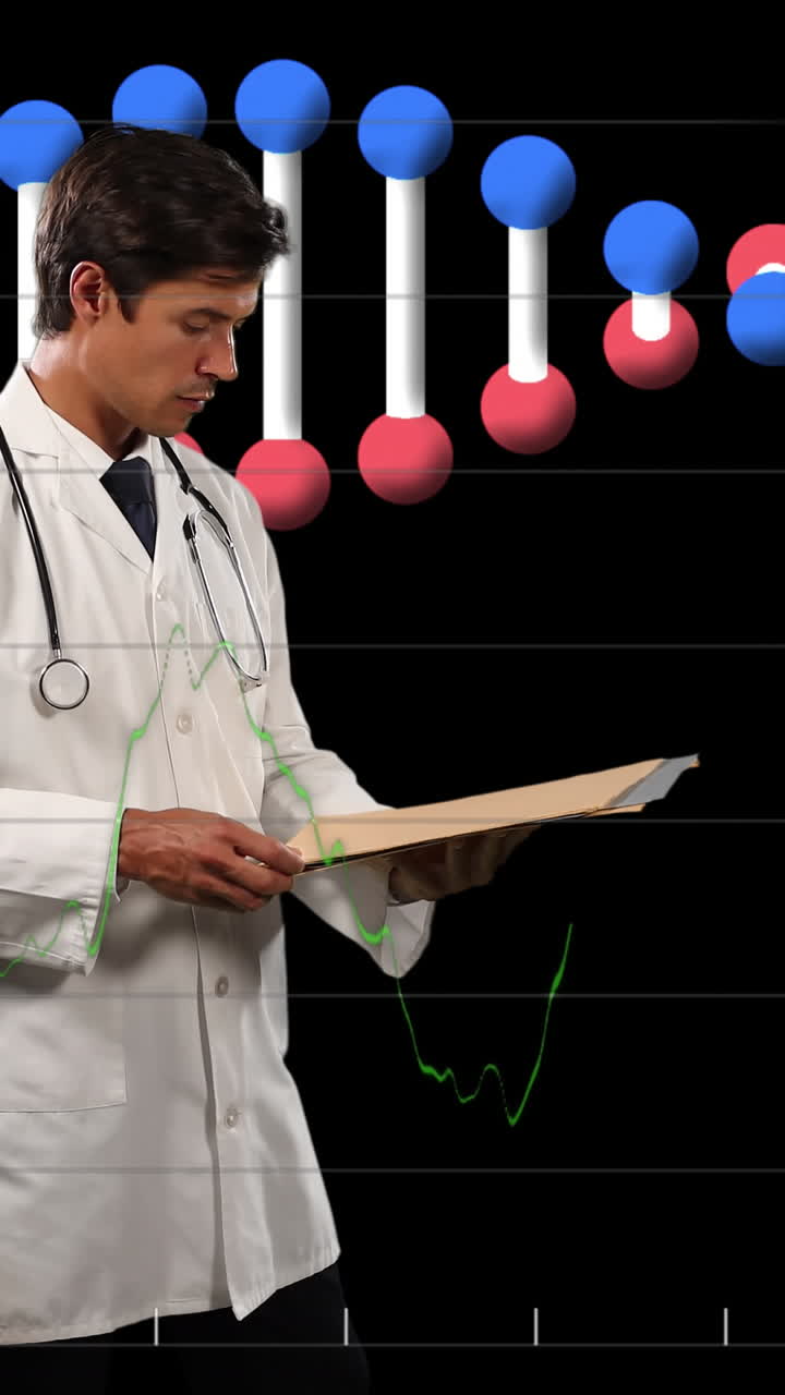 animación de una doctora biracial sobre procesamiento de datos y cadena de adn
