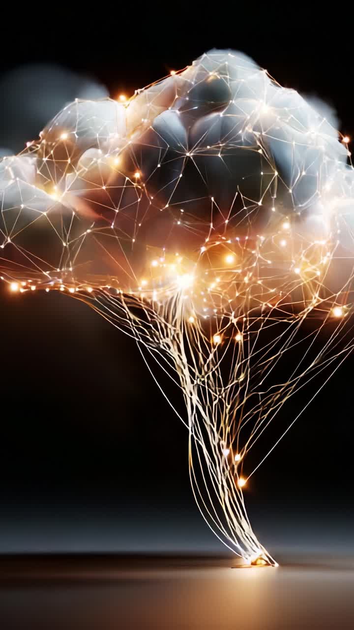 Una struttura di nuvole vivace e illuminata, intrecciata con connessioni luminose, che simboleggia la fusione tra natura e tecnologia attraverso una rappresentazione artistica.
