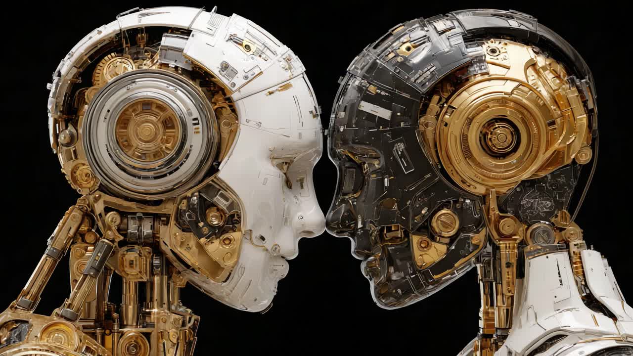 Exploration of Duality: A Close-Up of Two Robotic Heads in an Intricate Design Reflecting Human Emotions and Advanced Technology