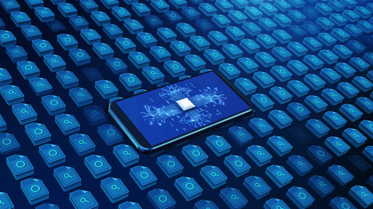 Human hand click on smartphone digital processor chip connecting to file storage grid mobile