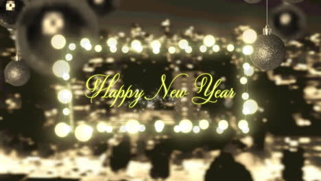 happy new year over fairy lights and hanging bauble decorations against aerial view of cityscape