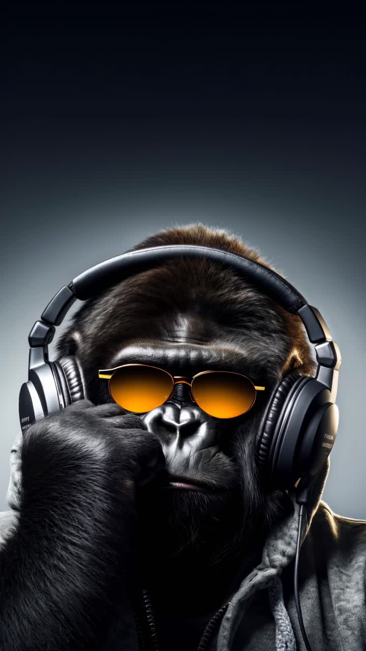 Un primo piano frontale di un gorilla che indossa cuffie e occhiali da sole, stilizzato come