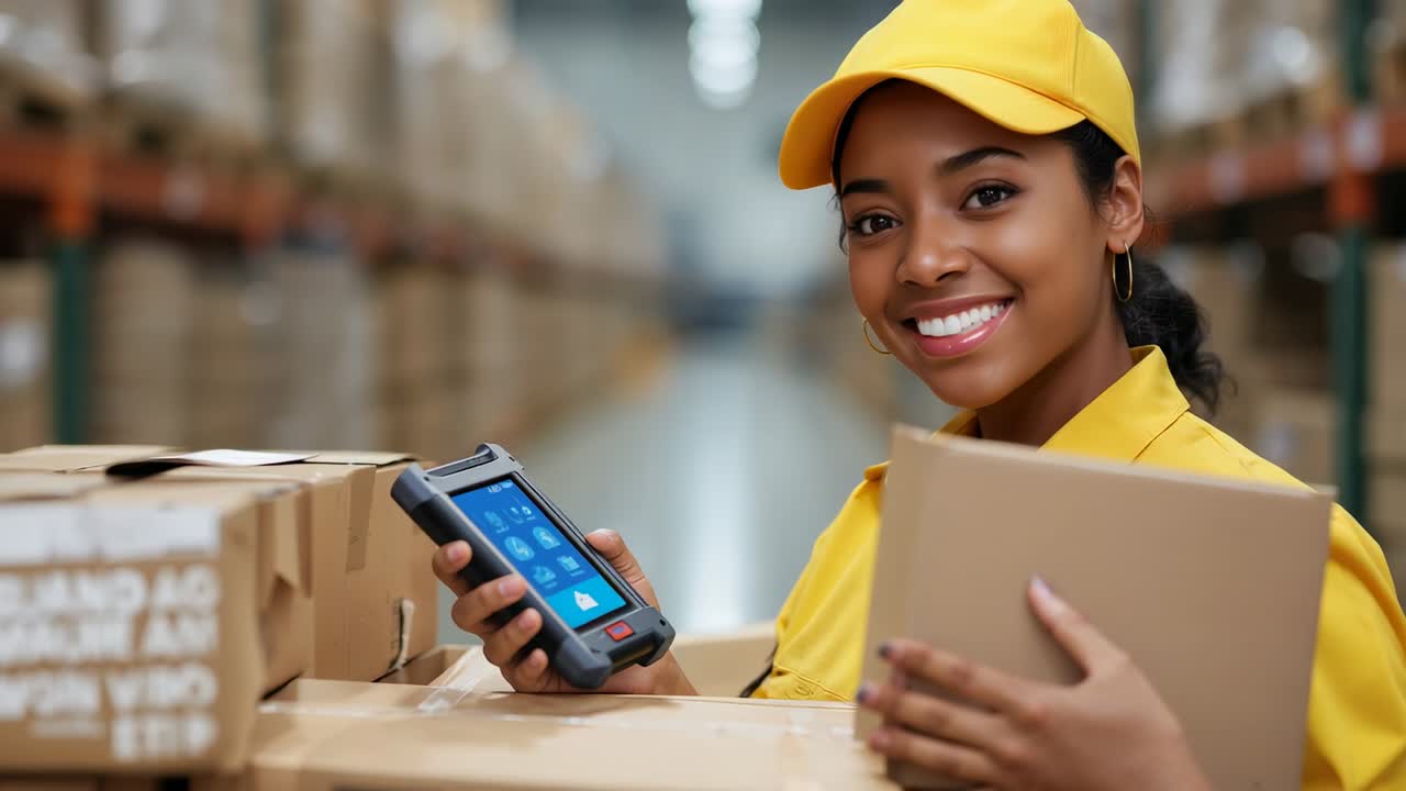Lifting scanner, worker in uniform scanning boxes in shipping aisle processing orders, copy space