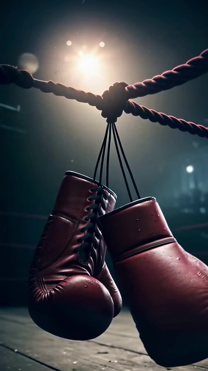 Guanti da boxe rossi appesi alle corde del ring in un'arena poco illuminata