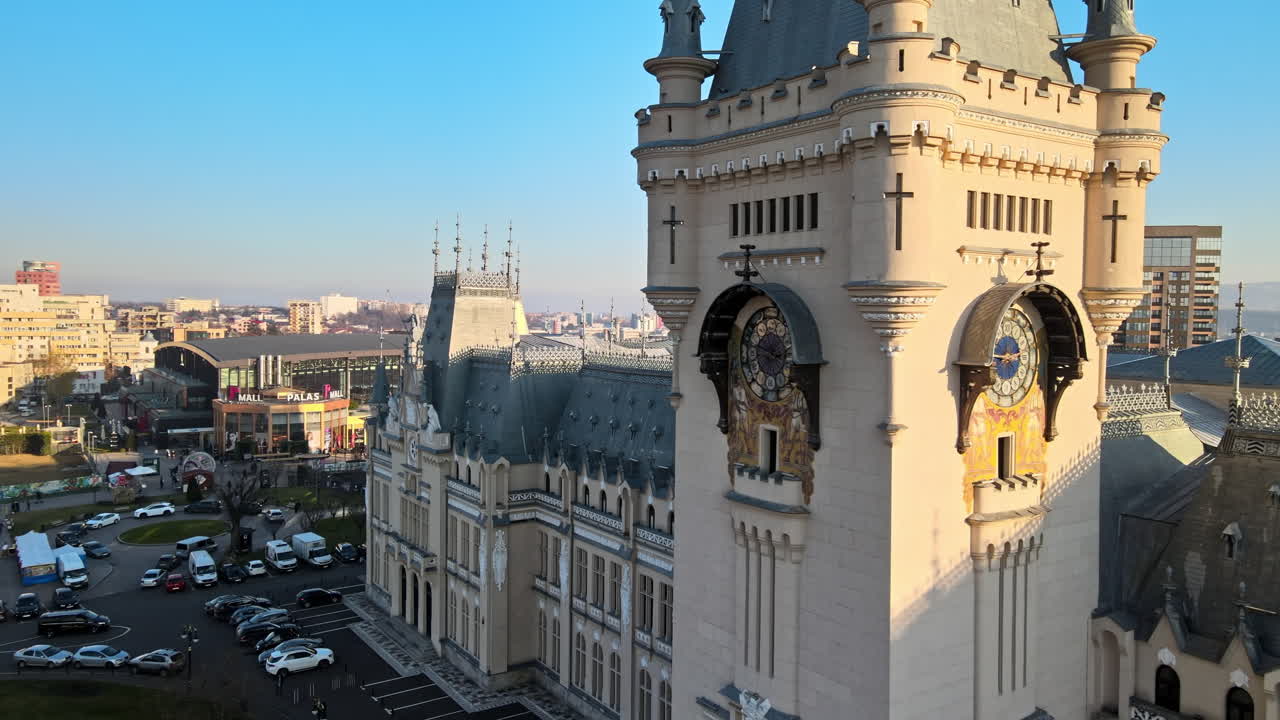 Aerial drone view of the Palace of Culture in Iasi downtown, Romania. Square in front of it, cityscape