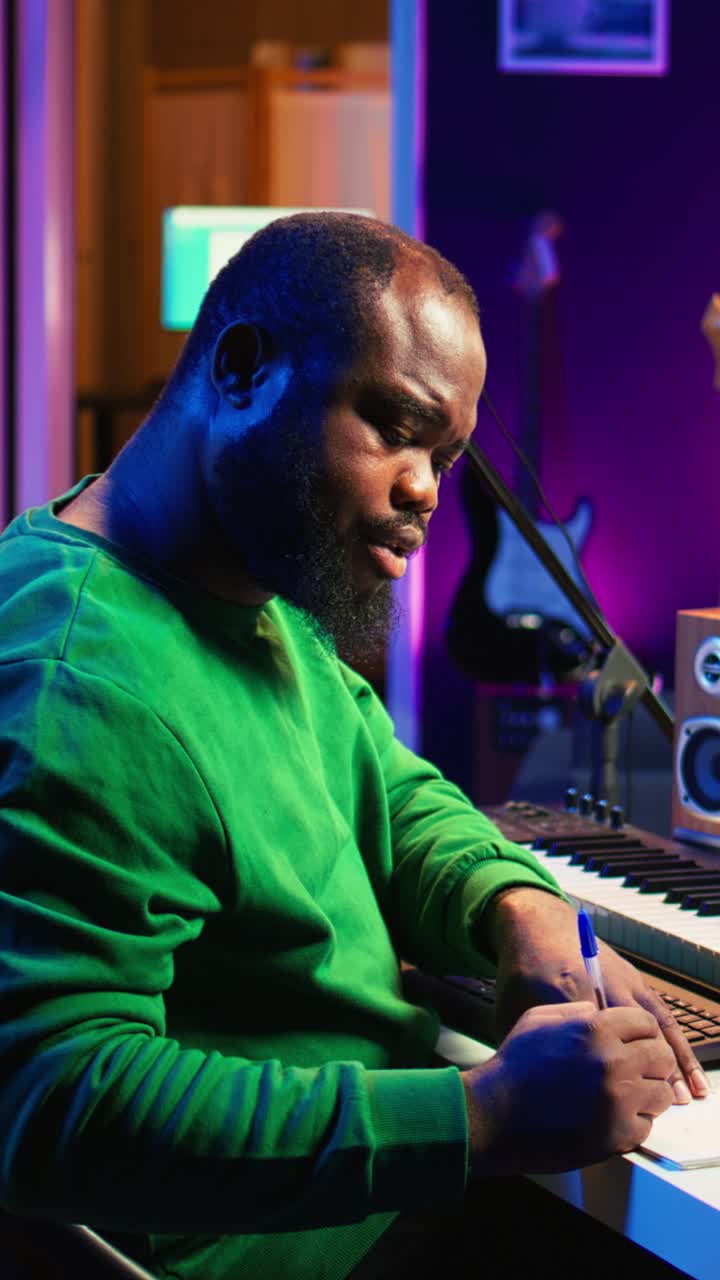 African American Man Composing Music in Home Studio
