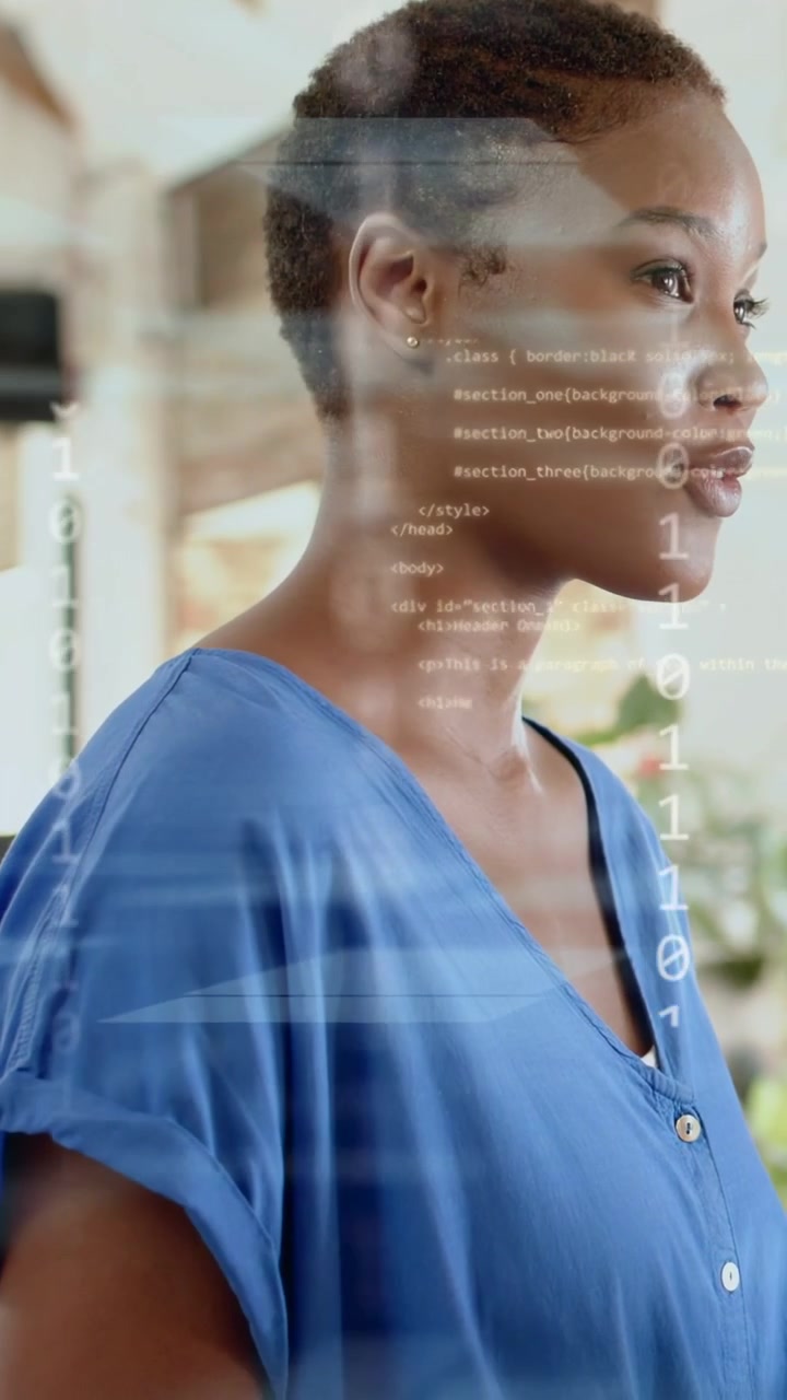 Vertical video: Woman speaking in tech studio, streaks and binary overlay appearing, softening gaze