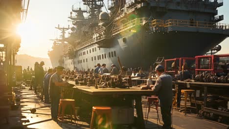 shipbuilding workers at a busy shipyard during the golden hour
