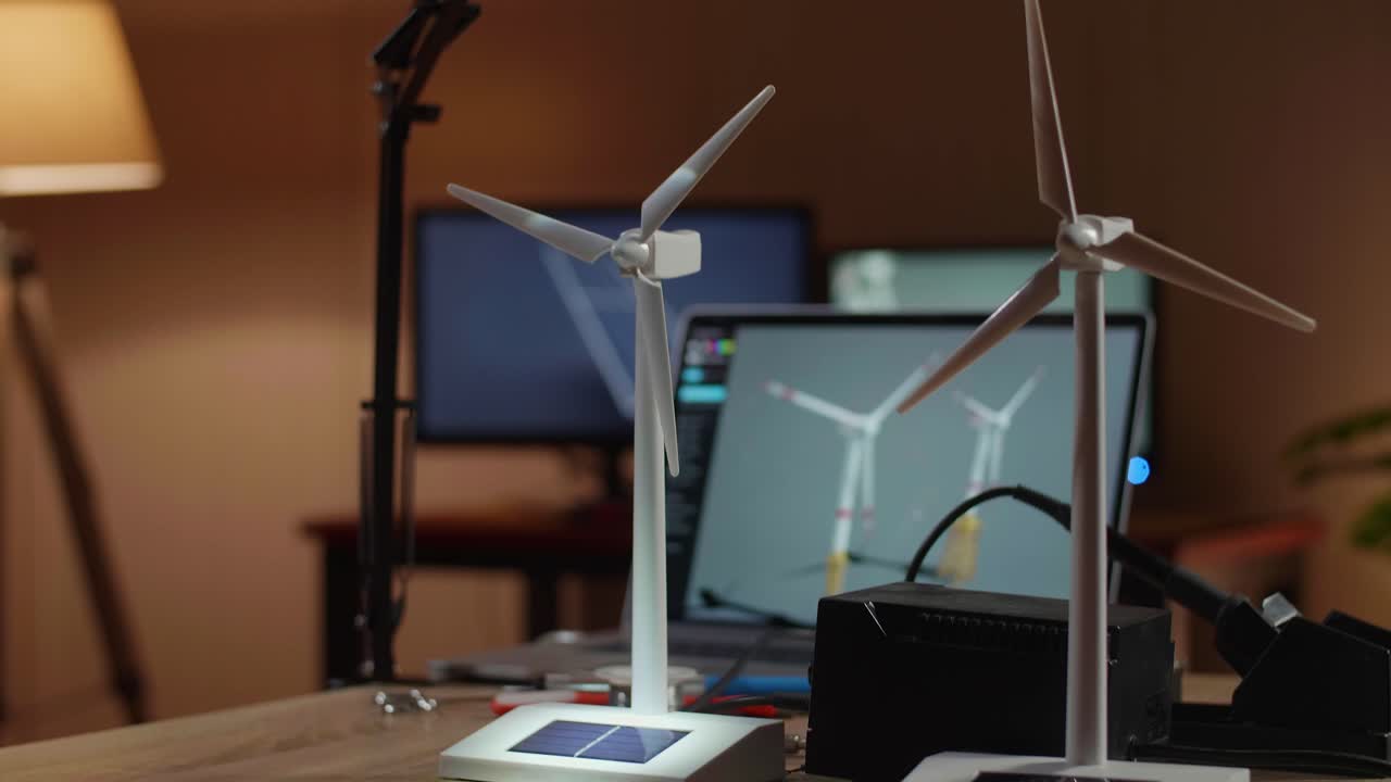 cerca de una pequeña turbina eólica con una computadora portátil siendo probada en la mesa junto a la célula solar en la oficina