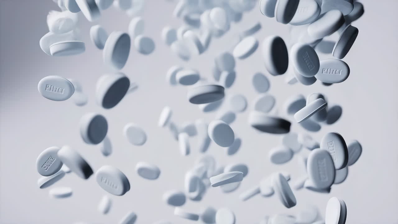 White Pills Falling or Floating in an Abstract Background