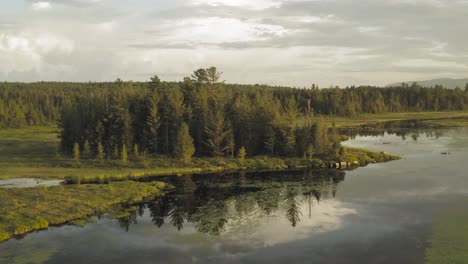 Shirley-Bog-sunset-aerial-wilderness-landscape,-Pulling-back-shot