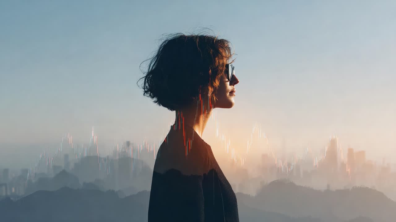 A Thoughtful Reflection: Capturing the Essence of Determination Against an Urban Skyline at Dawn with Overlaid Data Trends Representing Growth and Possibility