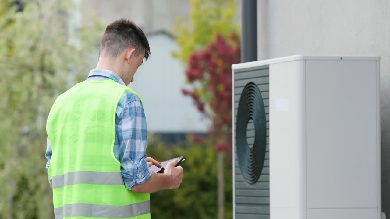 A young engineer sets up a heat pump near a private house. Uses a tablet