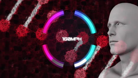 animación de la interfaz del velocímetro cambiando la velocidad sobre la cadena de adn y la cabeza del avatar masculino