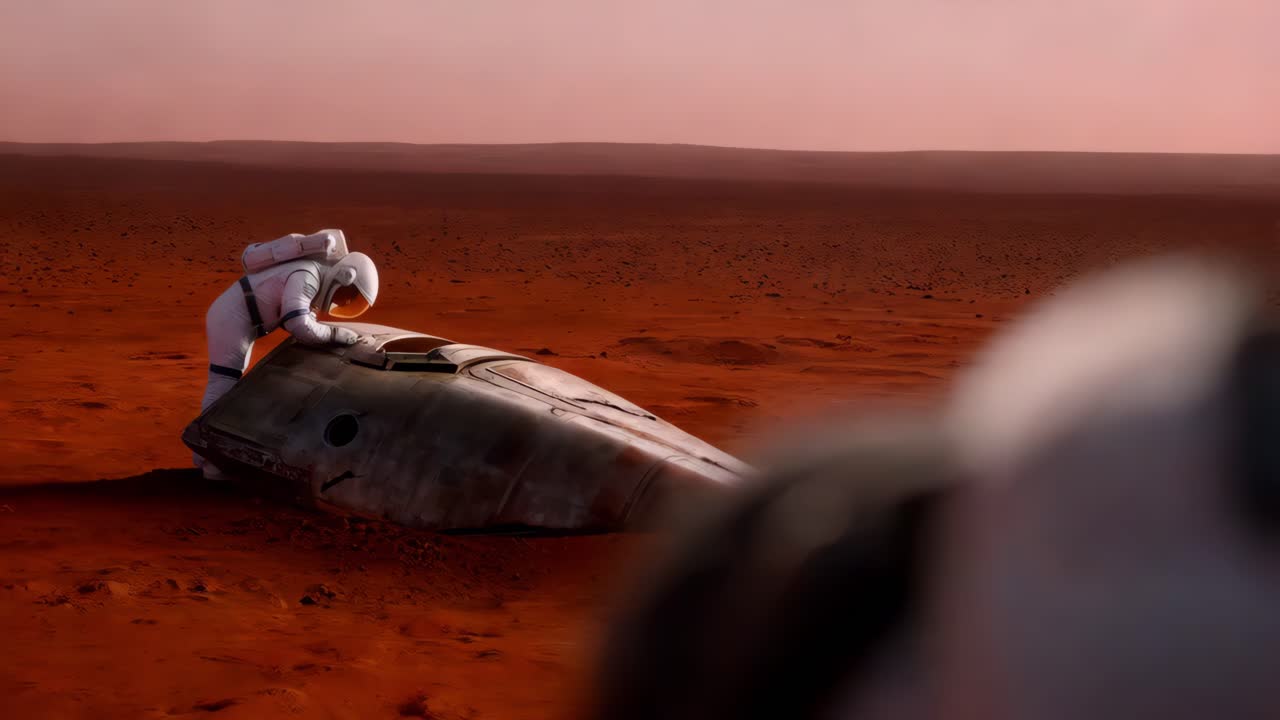 Astronaut repairing a damaged spacecraft on Mars