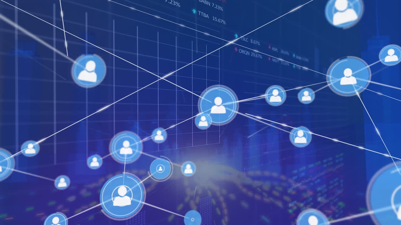 Animation of network of connections with icons over data processing on black background