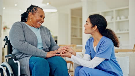 Home-nurse,-woman-in-wheelchair-and-talking