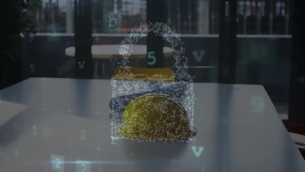 animación del procesamiento de datos sobre el casco en una oficina vacía
