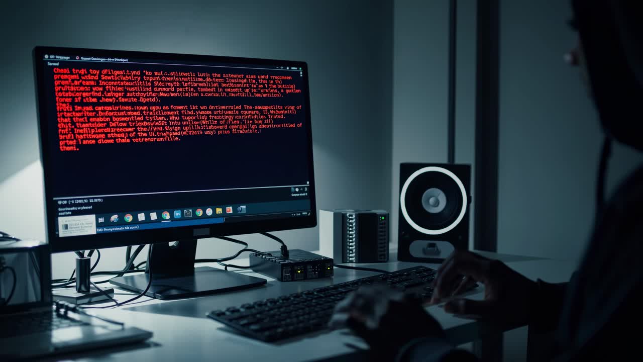 A dimly lit video scene showing a side angle of a person typing on a keyboard, with a computer