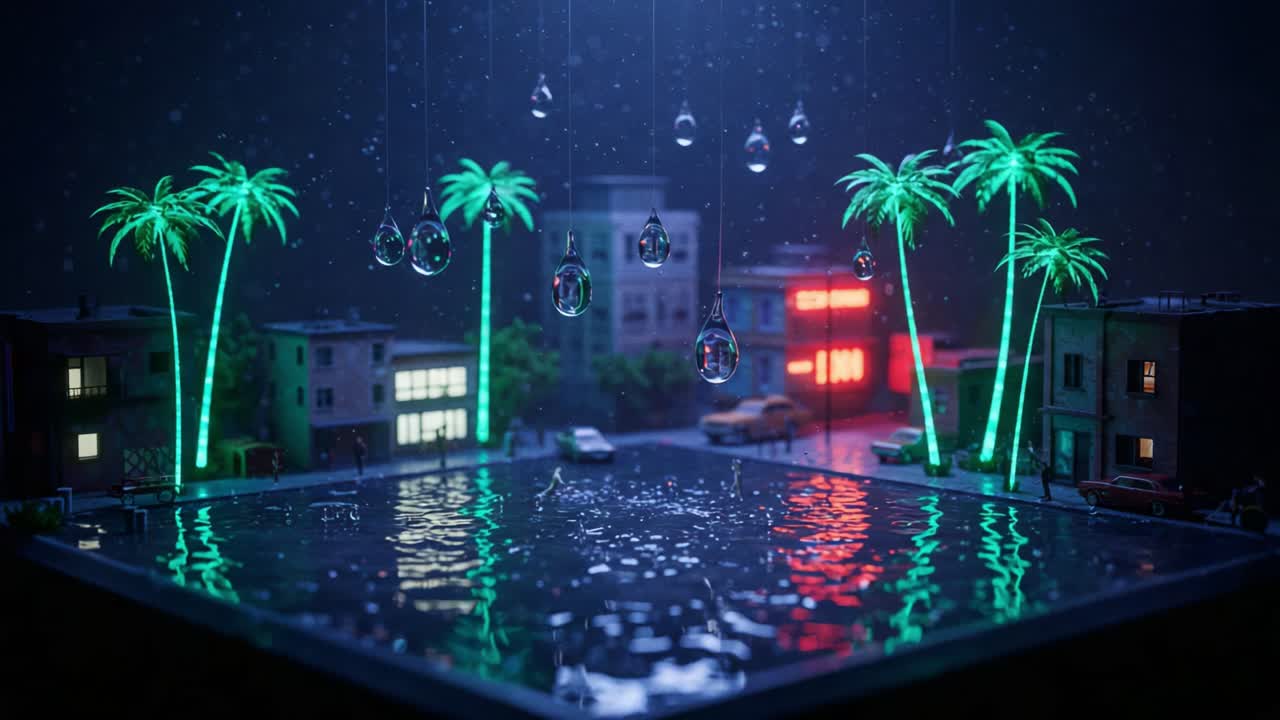 A Captivating Night Scene: An Artistic Representation of a Miniature City Landscape Featuring Lush Palms, Reflective Water, and Colorful Neon Lighting Under Dramatic Rain