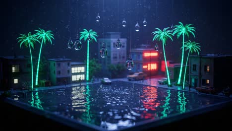 a captivating night scene: an artistic representation of a miniature city landscape featuring lush palms, reflective water, and colorful neon lighting under dramatic rain