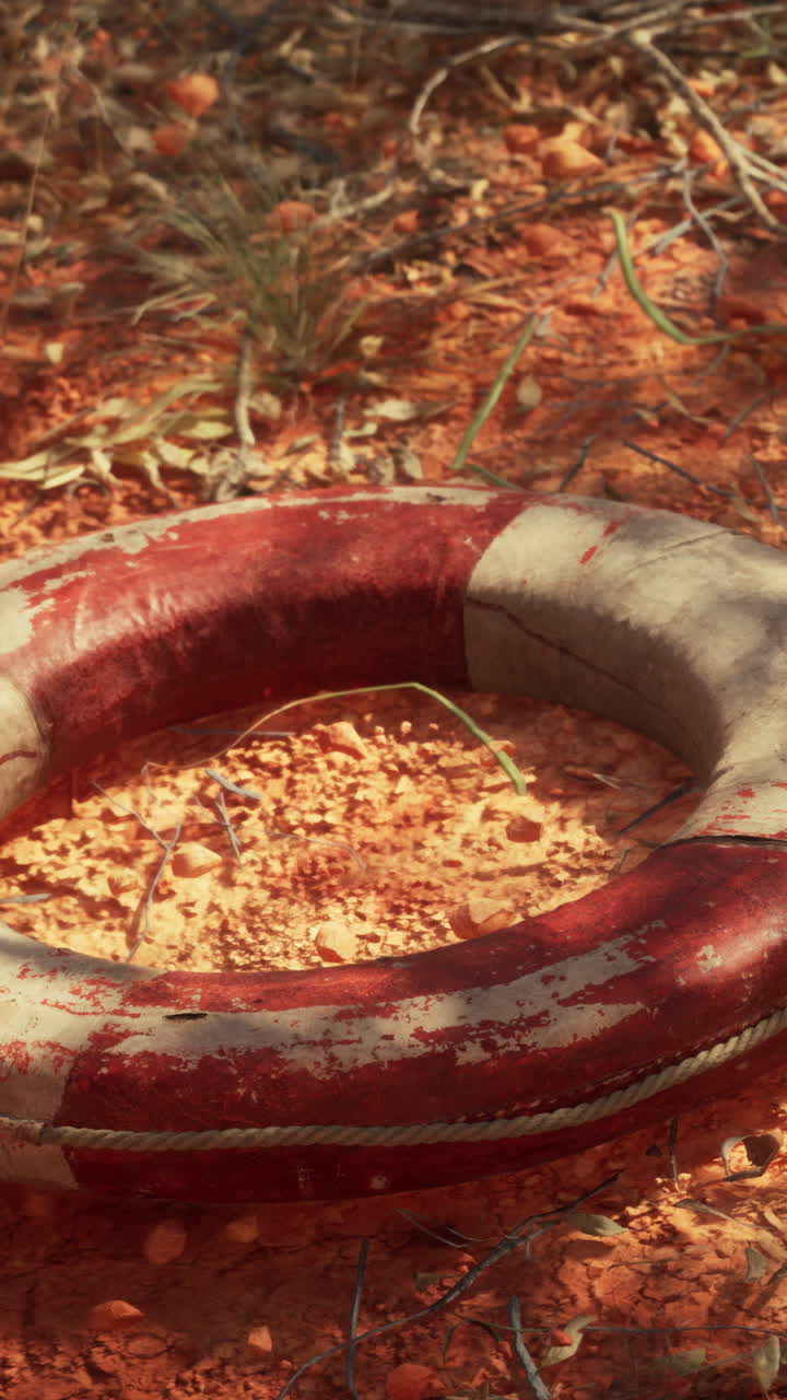 un salvavidas desgastado en un entorno desértico