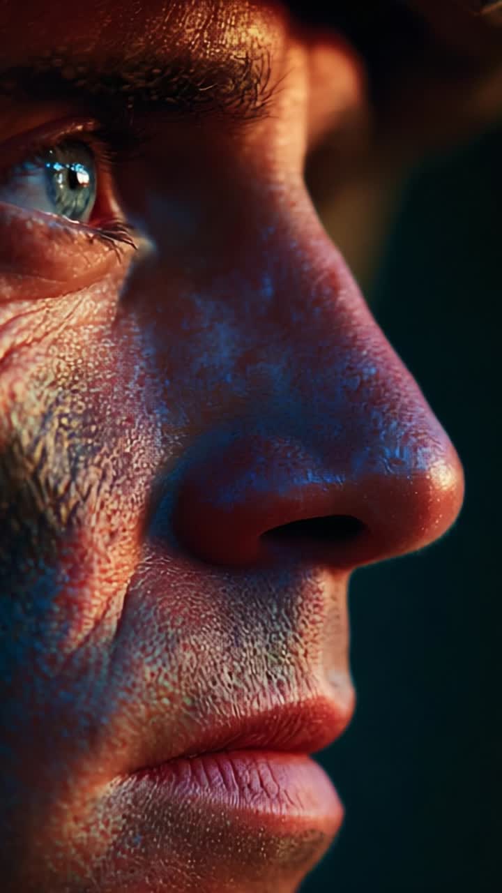 Intenso ritratto ravvicinato di un individuo riflessivo con penetranti occhi blu e texture del viso dettagliata, che cattura un momento di riflessione ed emozione