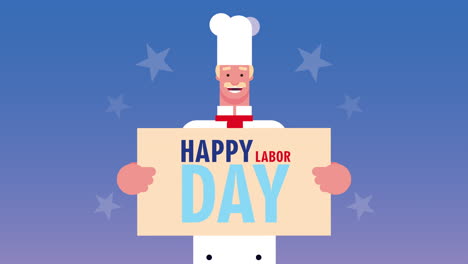 feliz celebración del día del trabajo con el chef levantando letras