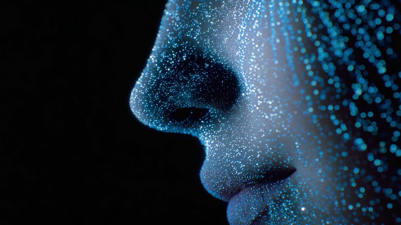 Un viaggio visivo accattivante: la drammatica trasformazione di un volto infuso di scintillanti particelle blu su uno sfondo scuro.