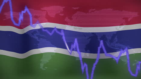 stock market graph animation over gambia flag and world map