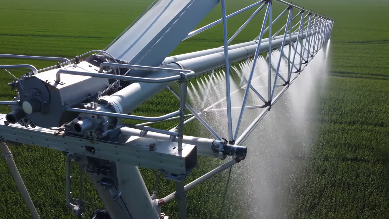 Large-scale agricultural irrigation system watering a vast green field